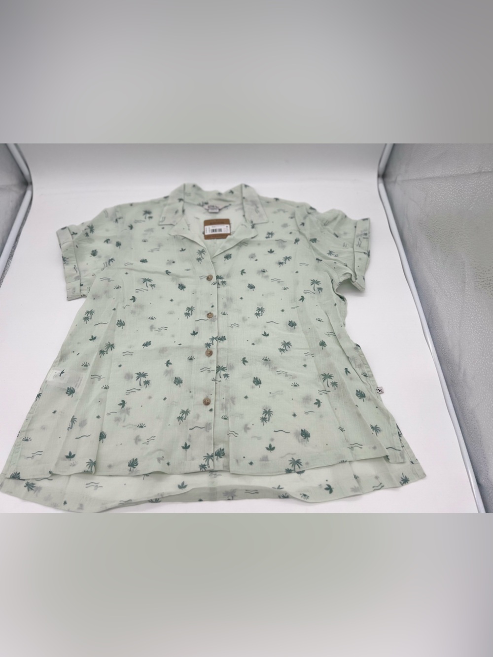Eddie Bauer Light Green Beach Palms Button Up Short Sleeve Shirt Sz L Cotton